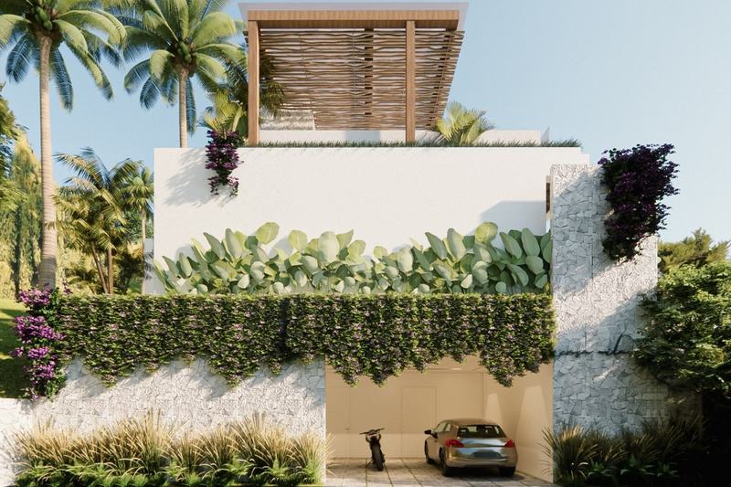 Two-bedroom ocean-view villa in Bingin: facade with plants and parking, render