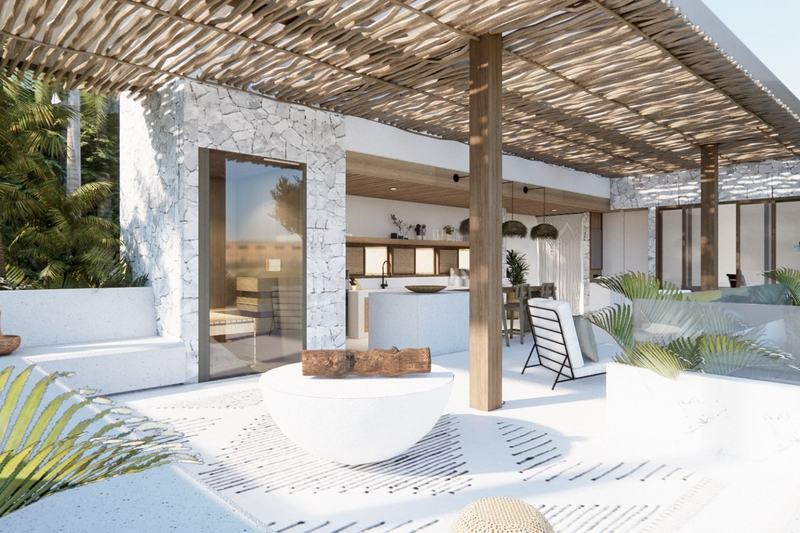 Two-bedroom ocean-view villa in Bingin: terrace under a pergola with a lounge area, render