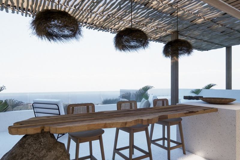 Two-bedroom ocean-view villa in Bingin: dining table on the terrace facing the ocean, render