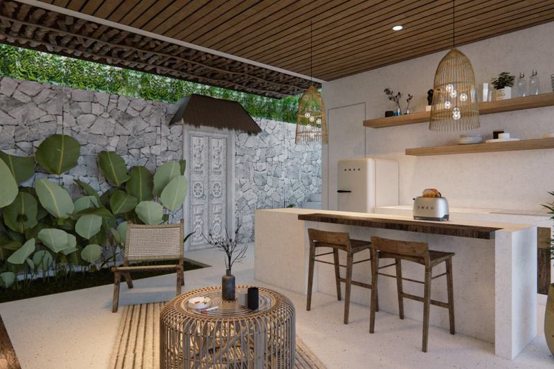 Two-bedroom ocean-view villa in Bingin: open kitchen with a bar counter, render
