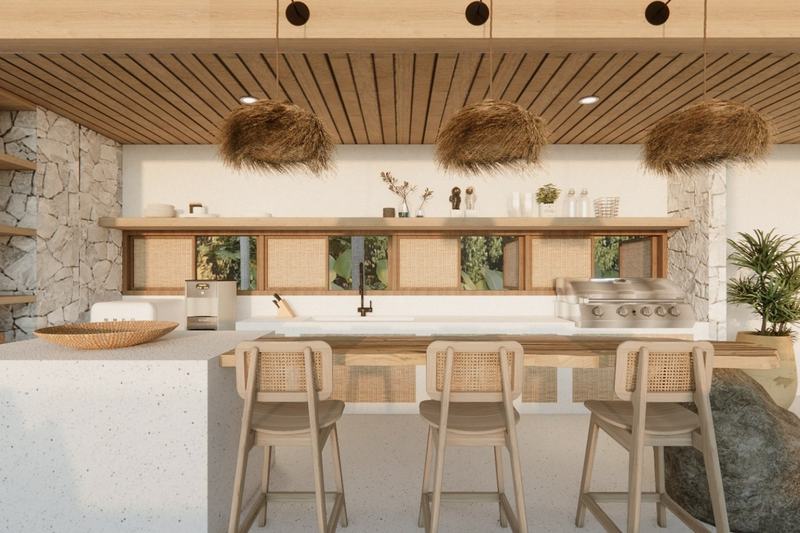 Two-bedroom ocean-view villa in Bingin: kitchen under a timber ceiling, render