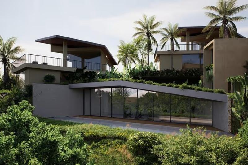 Three-bedroom ridge-top villa in Bingin, rendering: the house among greenery on the ridge