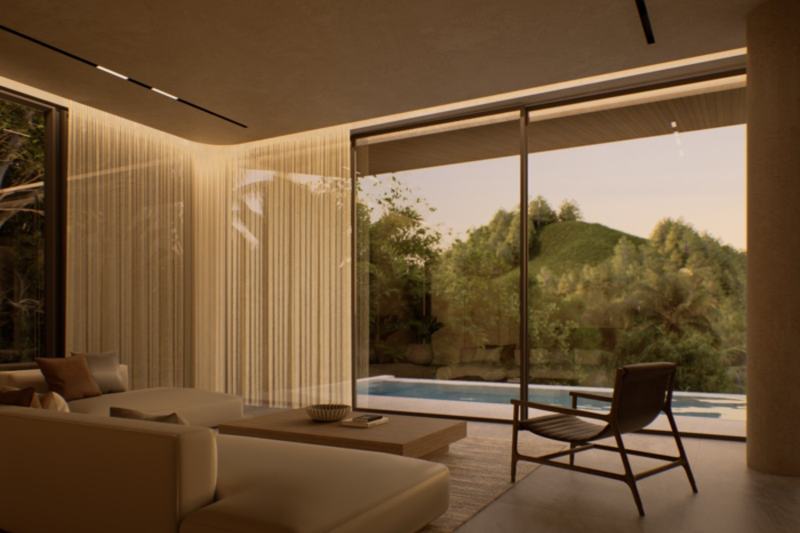 Three-bedroom ridge-top villa in Bingin, rendering: living room with a picture window to the pool
