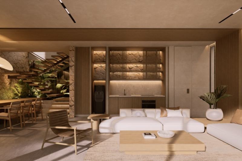 Three-bedroom ridge-top villa in Bingin, rendering: living room and kitchen with a stone wall
