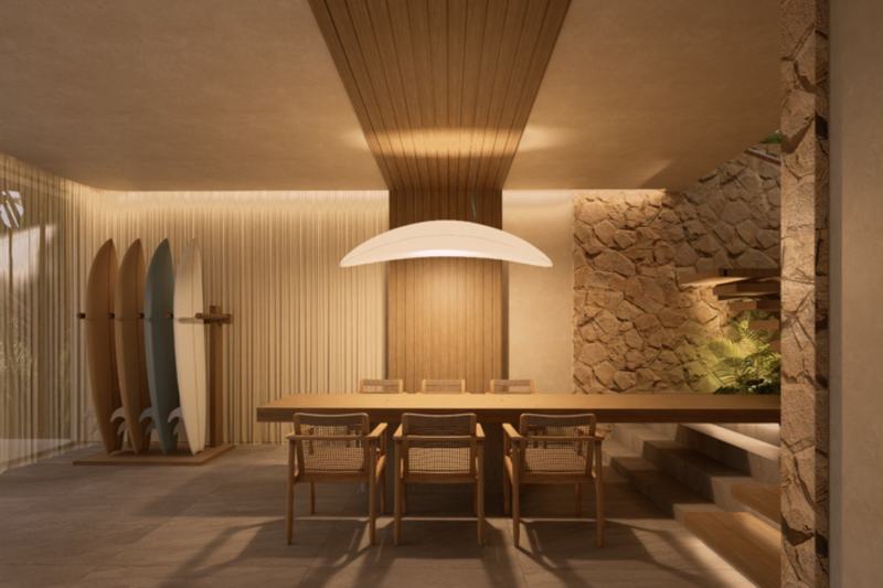Three-bedroom ridge-top villa in Bingin, rendering: dining room under a wooden ceiling