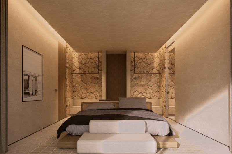 Three-bedroom ridge-top villa in Bingin, rendering: bedroom with a stone wall