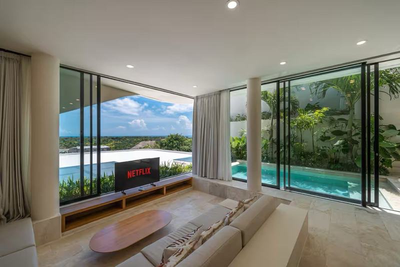Three-bedroom villa in Bingin: living room with floor-to-ceiling glass