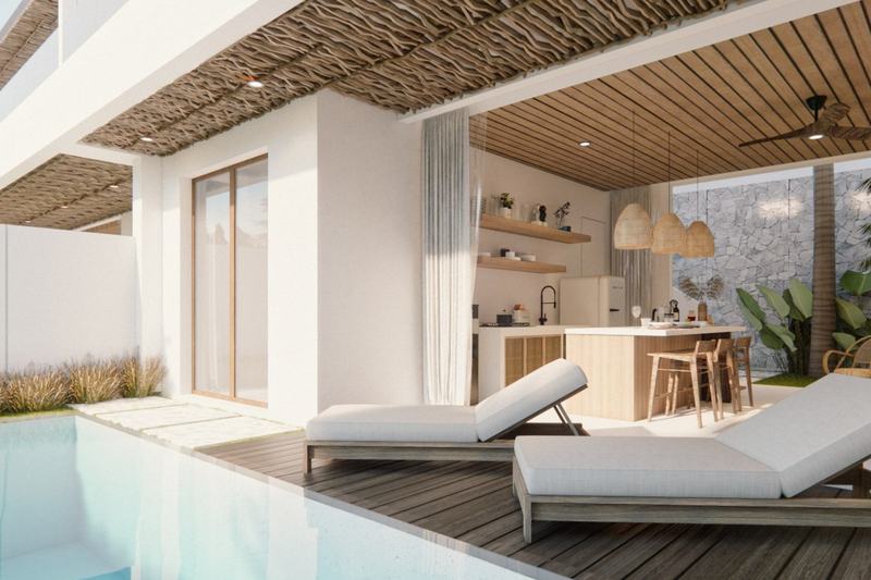 Three-bedroom ocean-view villa in Bingin, rendering: pool with loungers and a covered living room