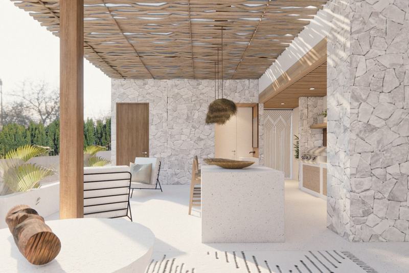 Three-bedroom ocean-view villa in Bingin, rendering: open living room and kitchen under a pergola