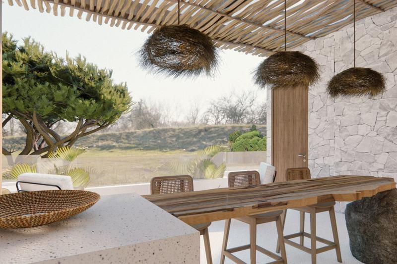 Three-bedroom ocean-view villa in Bingin, rendering: dining table facing the garden and the ocean