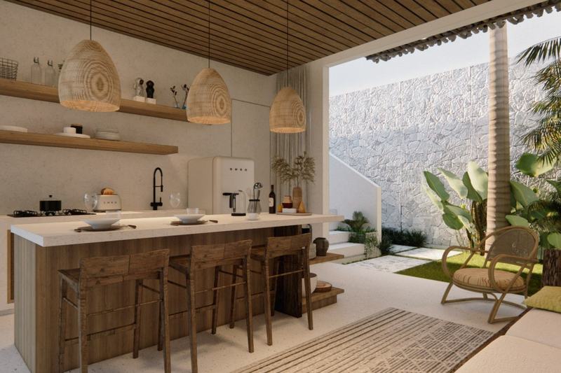 Three-bedroom ocean-view villa in Bingin, rendering: kitchen with an island
