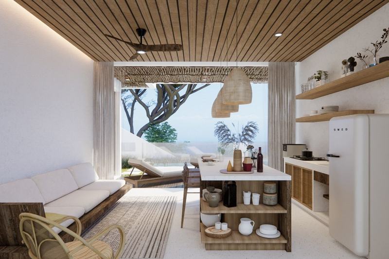 Three-bedroom ocean-view villa in Bingin, rendering: living room opening onto the terrace