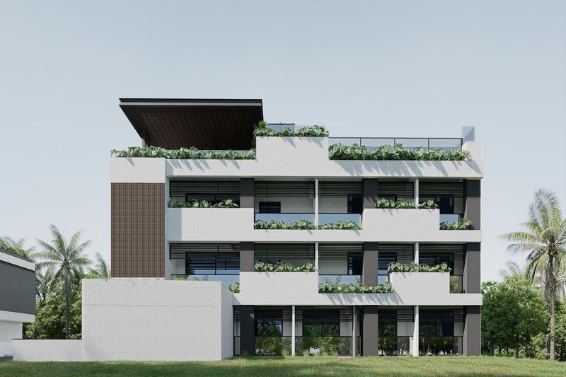 Boutique Hotel Bali Balance: four-story block with planted balconies, developer's render