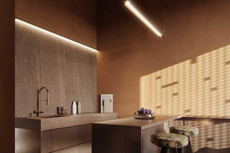 BSO Studio render: bed by the window behind a perforated screen