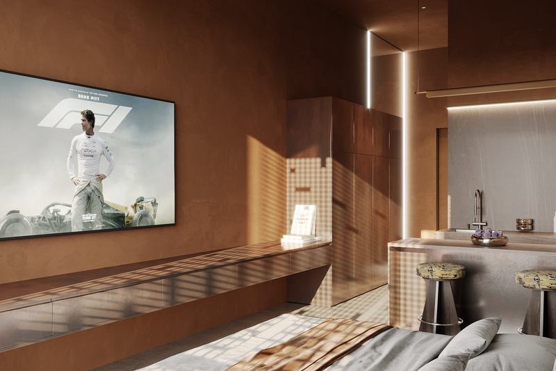 BSO Studio render: the whole room with TV, kitchen and bed