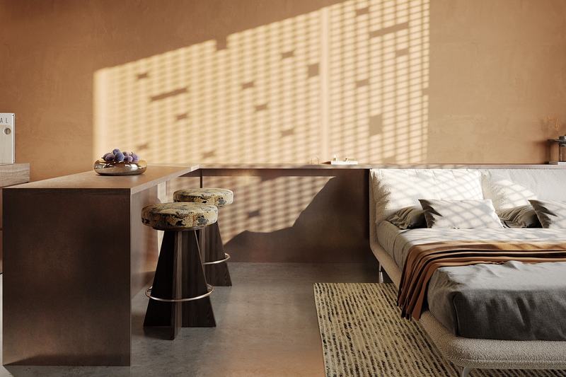 BSO Studio render: breakfast bar and sleeping area in one room