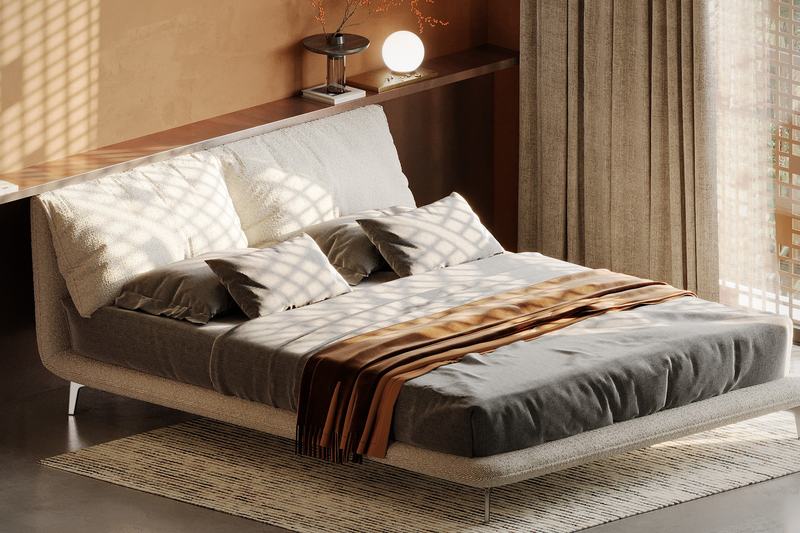 BSO Studio render: sunlight patterns from the screen across the bed