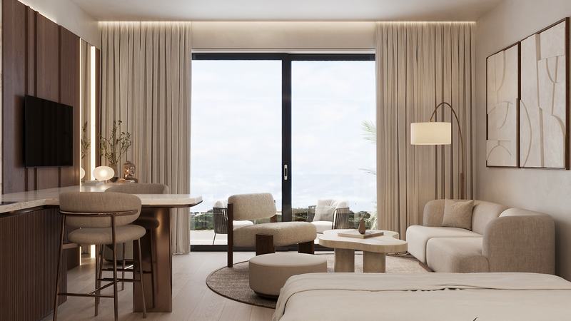 Buddha Club House: studio living area and kitchen counter (render)