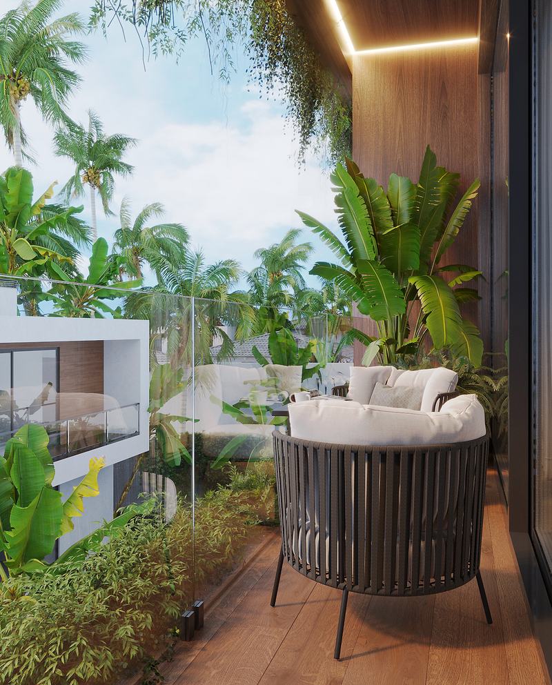 Buddha Club House: balcony with an armchair and greenery (render)