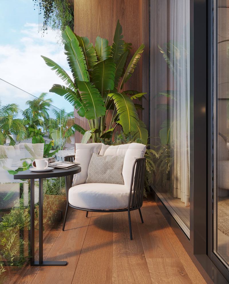Buddha Club House: small table and chair outside (render)