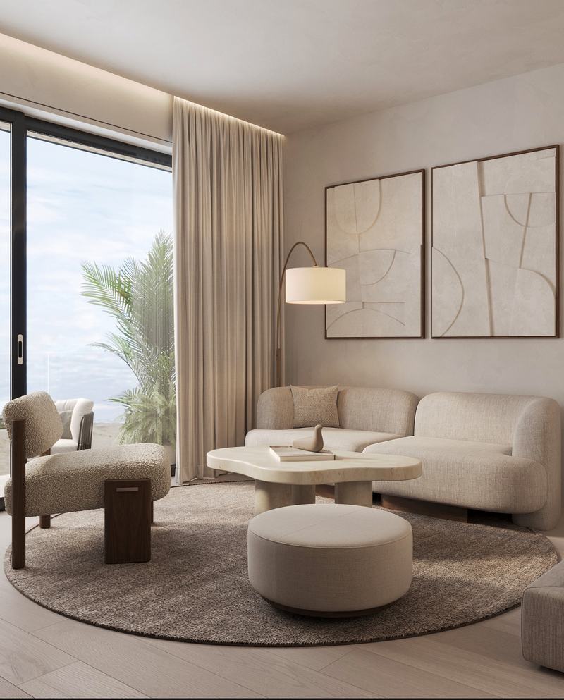 Buddha Club House: studio sofa area with balcony access (render)