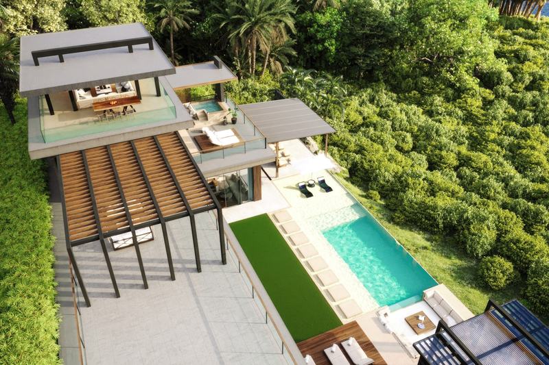 Calypso Villa: aerial render of the house, pool and terraces