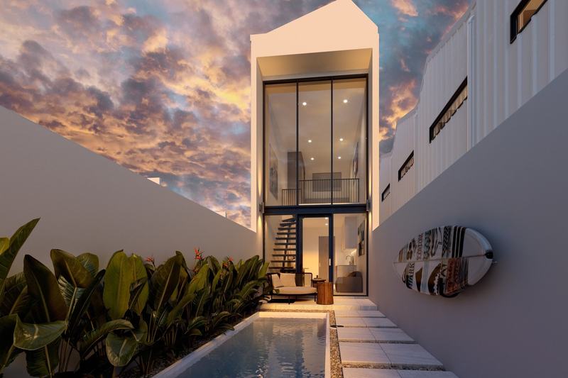 Cemagi Villa: villa fronts lit up at dusk