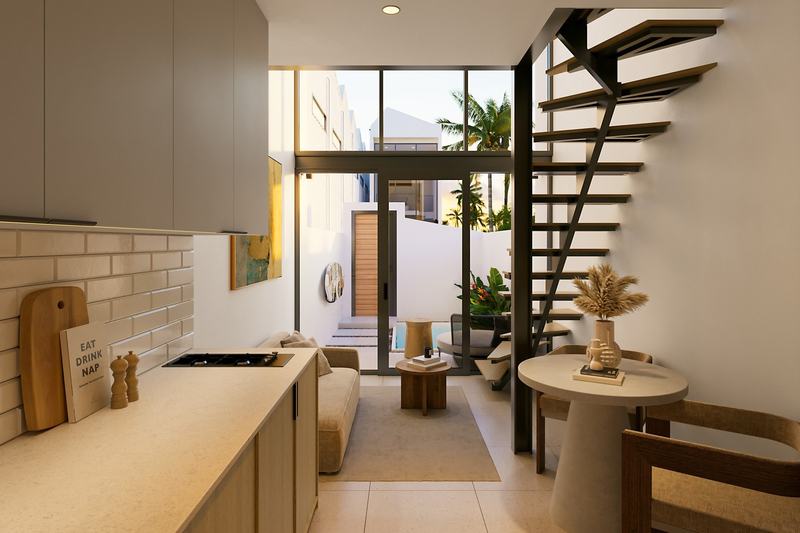 Cemagi Villa: kitchen and living space with the staircase