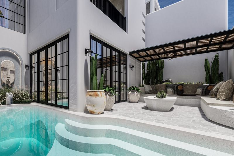 De Vello: patio beside the pool
