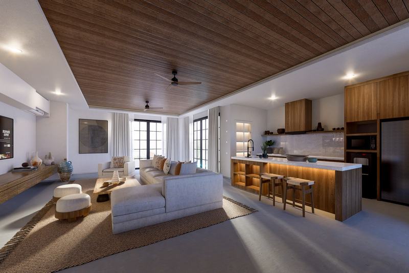 De Vello: living room with island kitchen