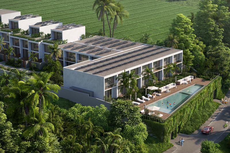 Ecoverse: aerial view of the buildings and pool