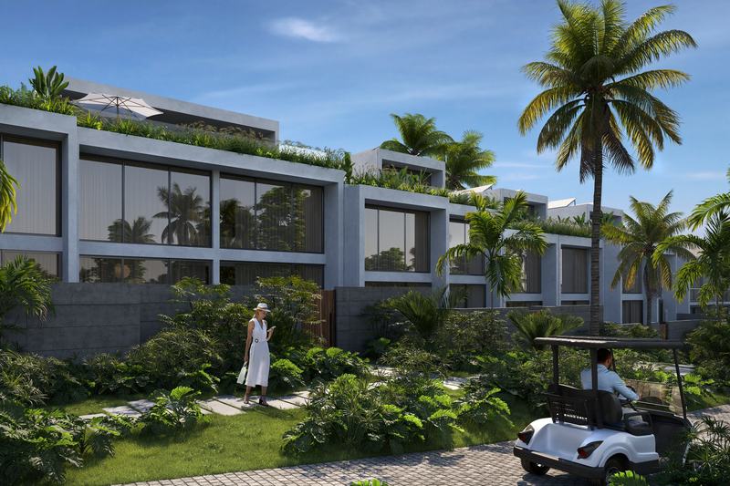 Ecoverse: garden and driveway between the buildings