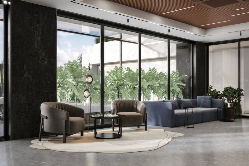 Ecoverse: glass-walled lobby