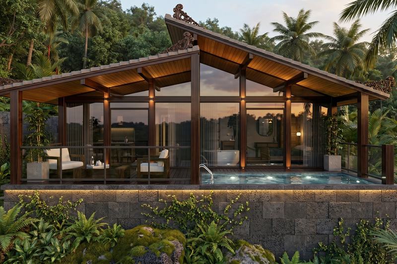 EcoWood 1BR: villa with pool and full-height glass