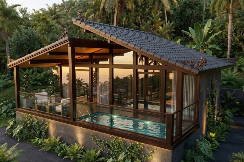 EcoWood 1BR: the villa lit up after dark