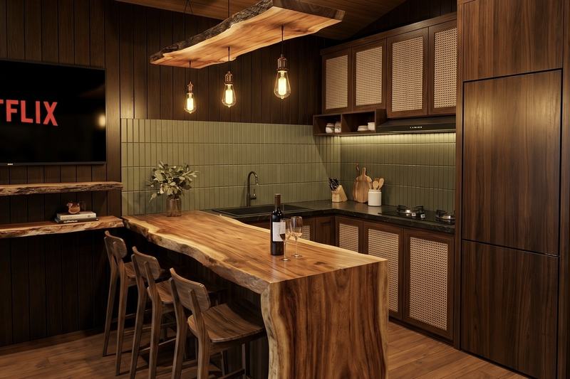 EcoWood 1BR: kitchen counter made from a wood slab