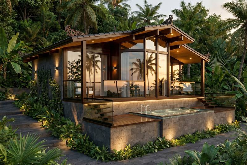 EcoWood 2BR: villa and pool lit in the evening