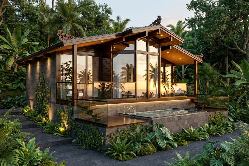 EcoWood 2BR: villa under palms at sunset