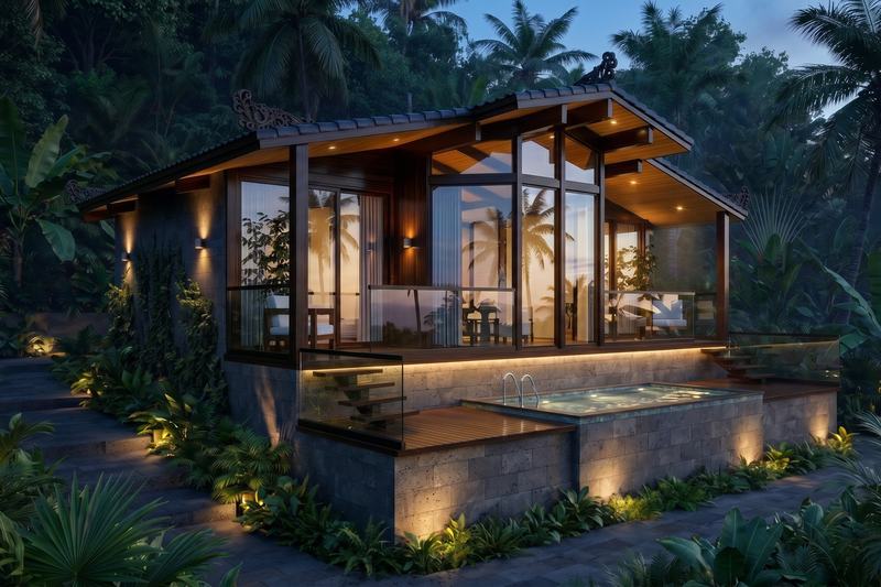 EcoWood 2BR: night lighting around the pool