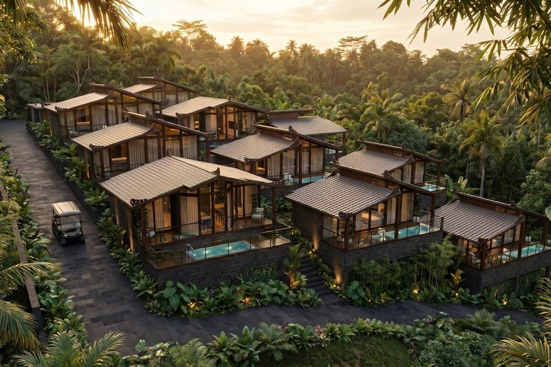 EcoWood: villas among palm trees at sunset, developer's render