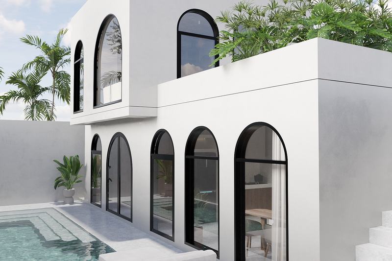 Edem Villas I 2BR villa: white arched block with the pool on its side (render)