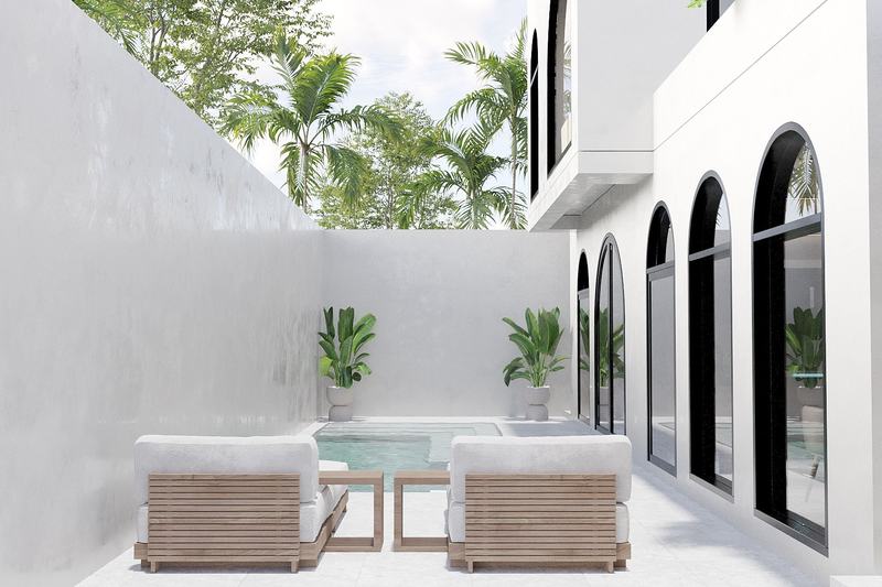Edem Villas I 2BR villa: inner courtyard with loungers and water (render)
