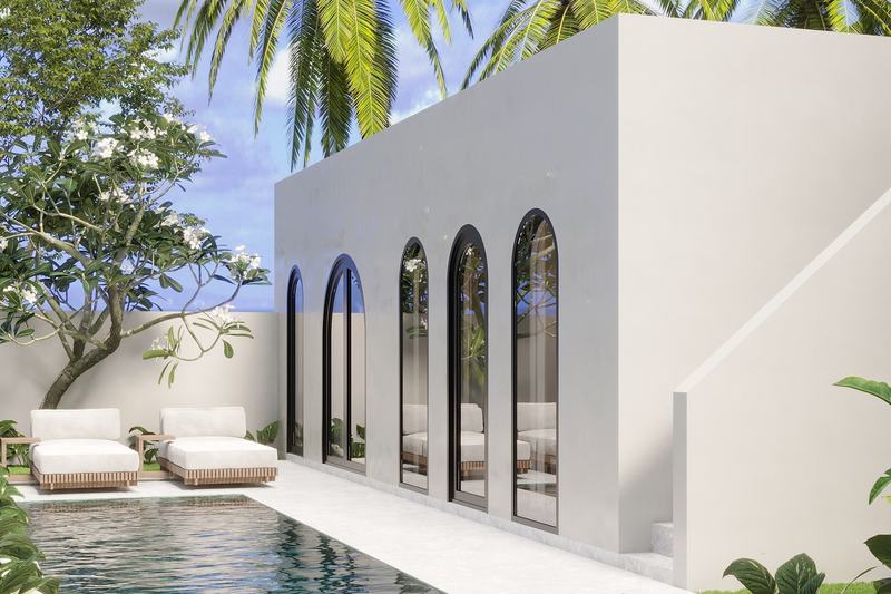 Edem Villas I 2BR villa: loungers beside a pool and an arched wall (render)