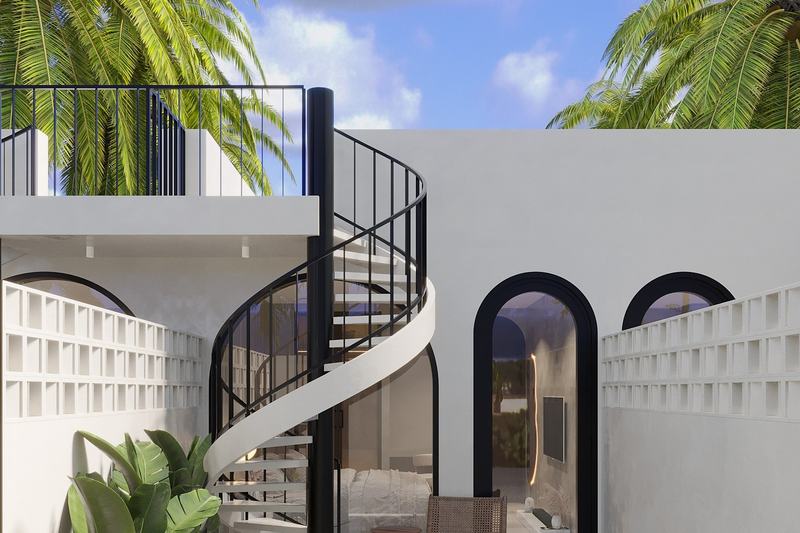 EDEM II condo villa: white facade with a spiral stair to the roof (render)