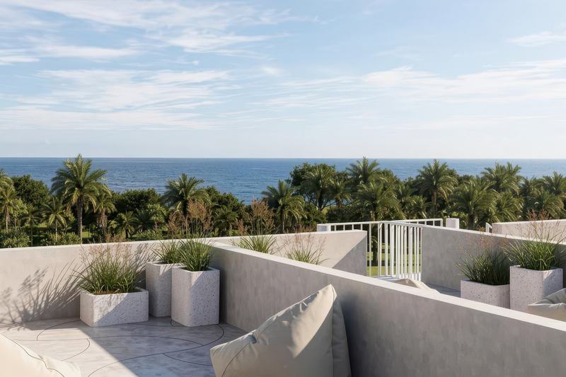 EDEM II condo villa: palms and ocean seen from the roof (render)