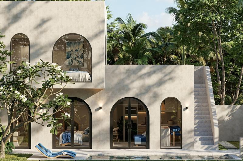 EDEM II 2BR villa: two-story block and stairs among the greenery (render)