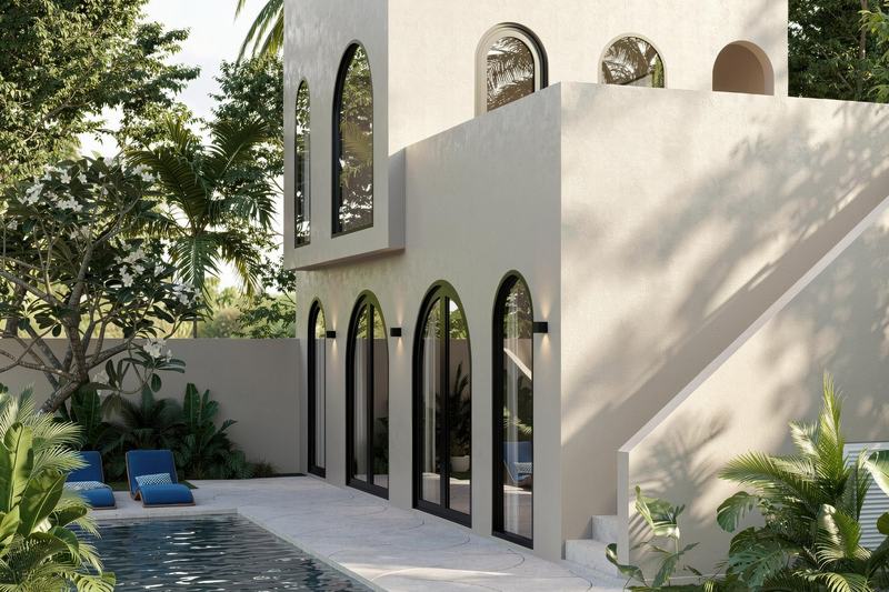 EDEM II 2BR villa: pool outside the arched living-room windows (render)
