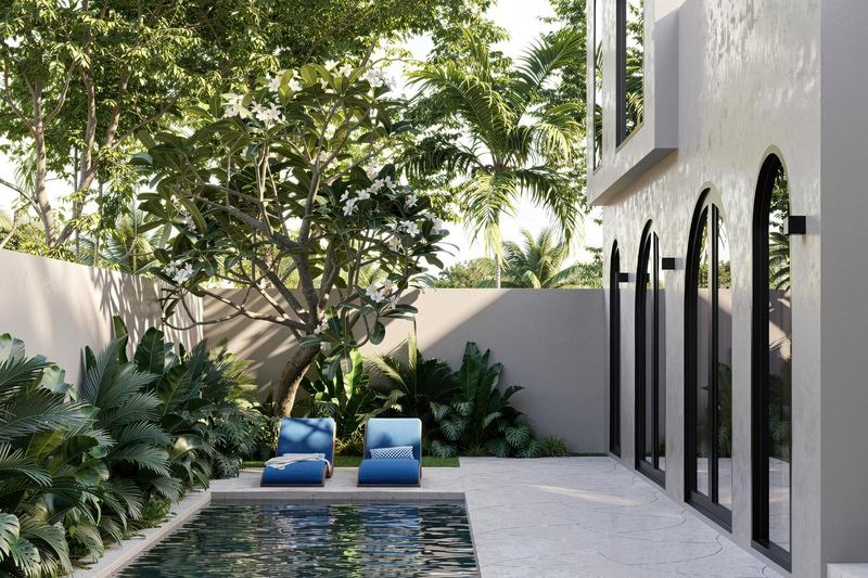 EDEM II 2BR villa: poolside terrace with daybeds (render)