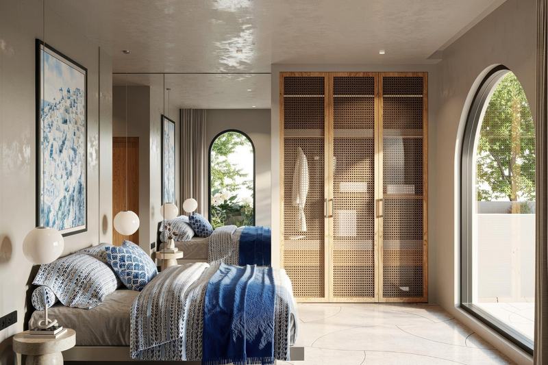 EDEM II 3BR villa: bedroom with an arched door to the terrace (render)