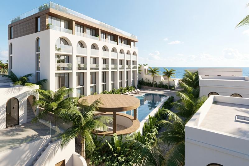 EDEM II studio: apartment block and pool with the ocean in the distance (render)